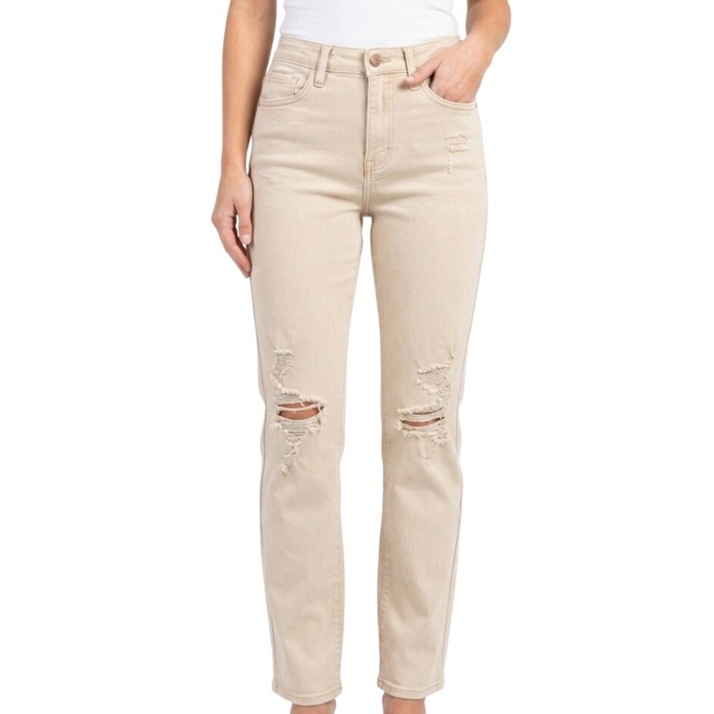 Judy Blue Straight Leg Jeans Womens 7/28 Tan Distressed High Waist JB88823‎ C